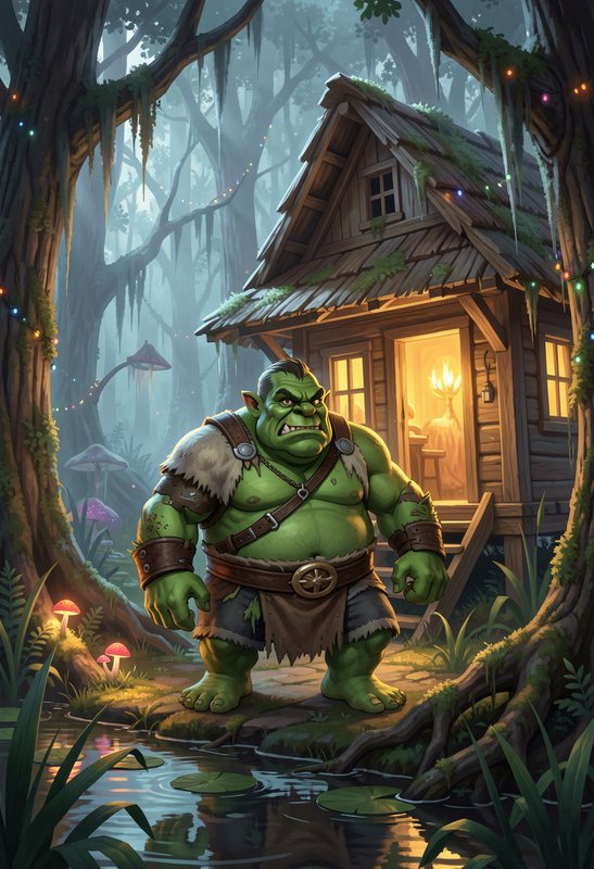 Gruff green ogre standing outside a cozy lit wooden cabin in a misty enchanted swamp forest