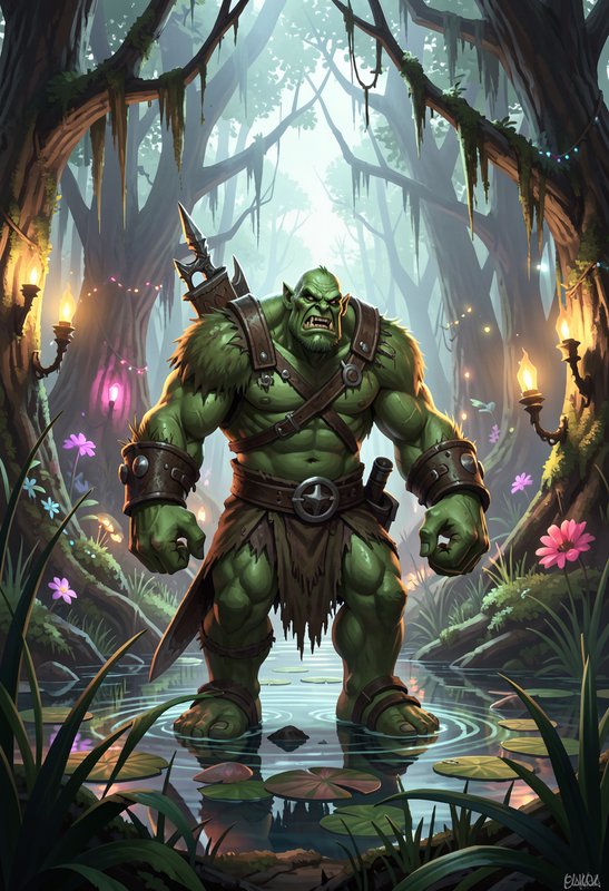 Muscular green orc warrior stands in shallow swamp water in a glowing enchanted forest