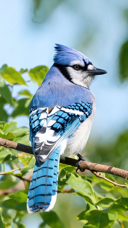 Vibrant crested blue jay perched on a thin tree branch against soft blurred summer foliage