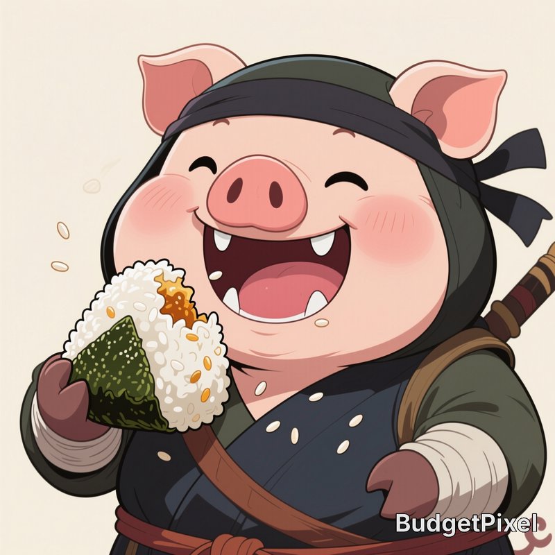 Cute chibi cartoon ninja pig laughing while holding a partially eaten onigiri Japanese rice ball,...