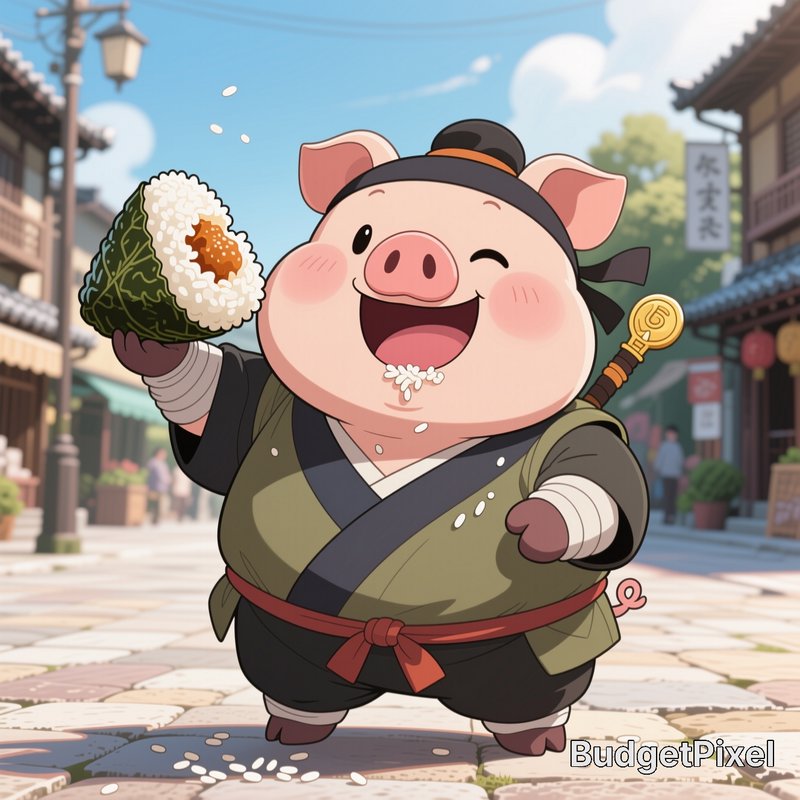 Chibi Zhu Bajie winks while holding a giant onigiri, rice on his chin, in a sunlit traditional Ea...