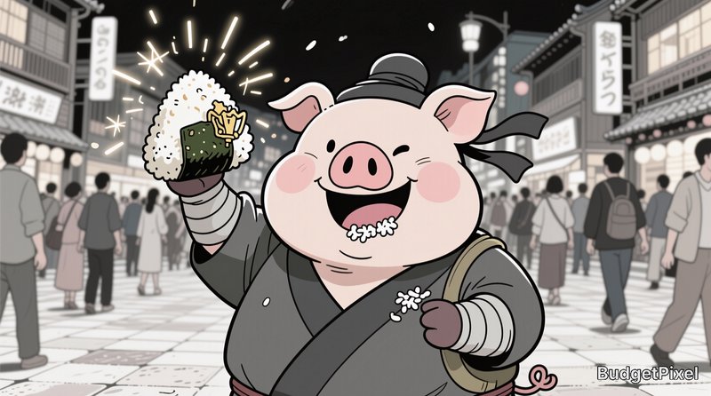 Cute cartoon anthropomorphic pig in traditional Japanese attire celebrating with a giant onigiri ...