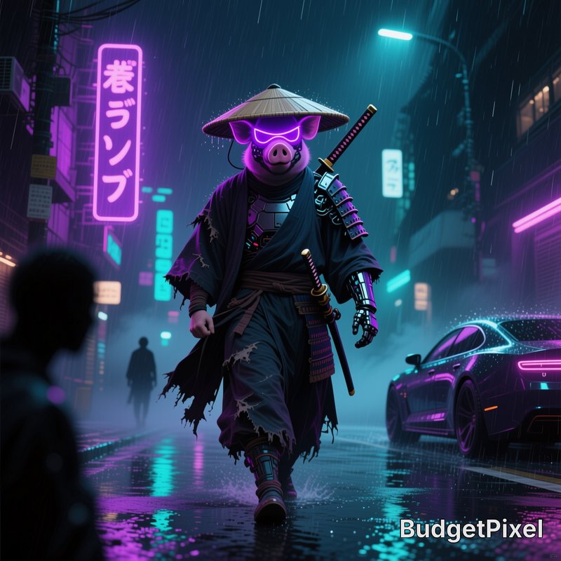 Anthropomorphic cyberpunk pig samurai walks a rainy neon-lit futuristic Tokyo street at night