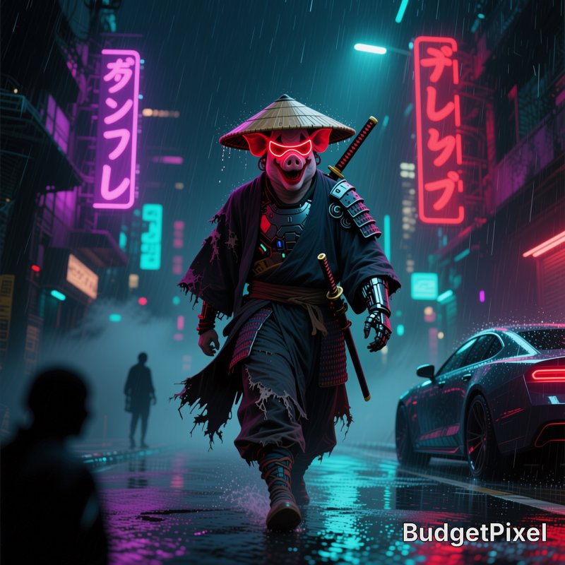 Anthropomorphic pig samurai with cyber gear walks down a rain-soaked neon cyberpunk city street a...