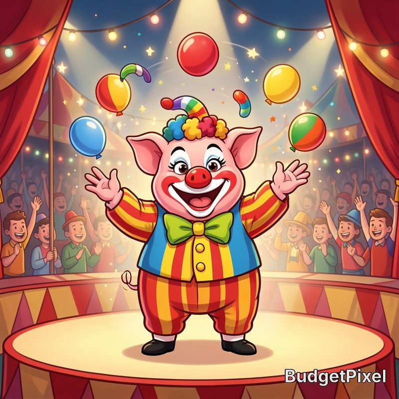 Cheerful cartoon pig clown juggling colorful balloons while performing on a lit circus stage for ...