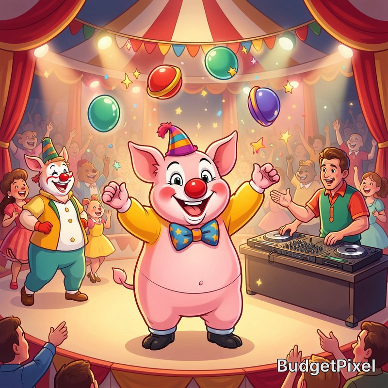 Cheerful cartoon pig clown juggles on a circus stage at a lively big top party, with a DJ and che...