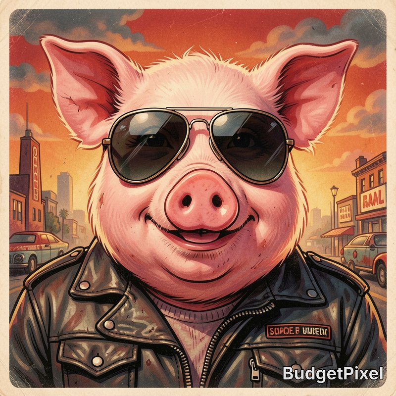 Retro illustration of a cool anthropomorphic pig wearing aviator sunglasses and leather biker jac...