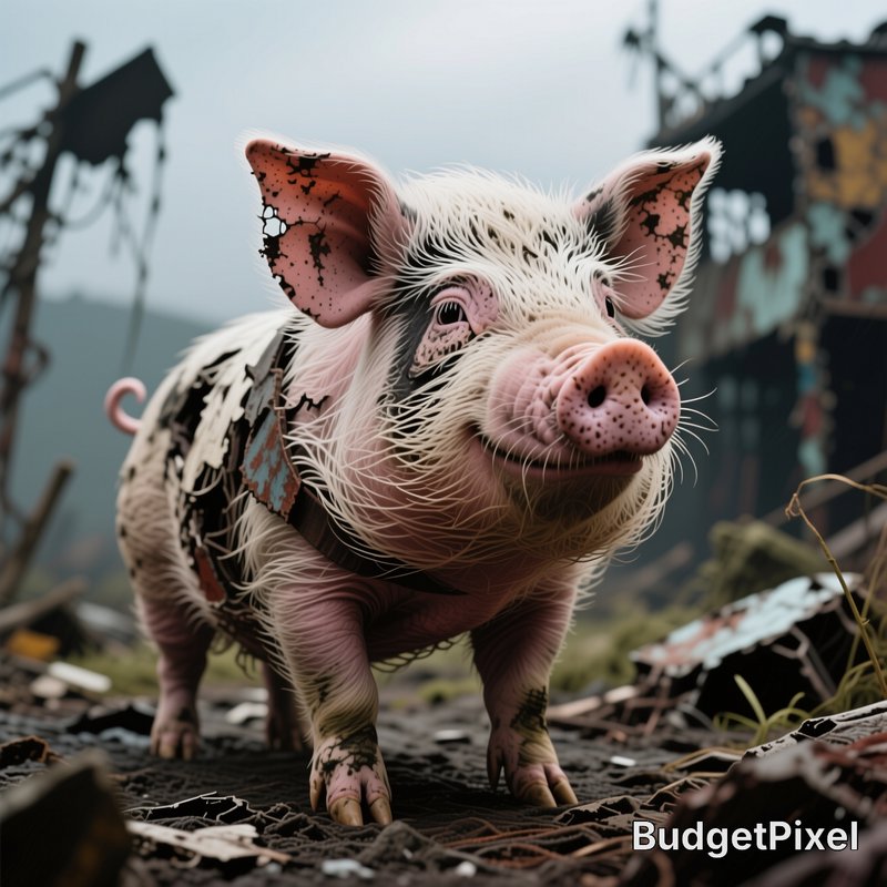 Surreal fluffy pig with cracked texturing stands on rubble in a post-apocalyptic ruined landscape