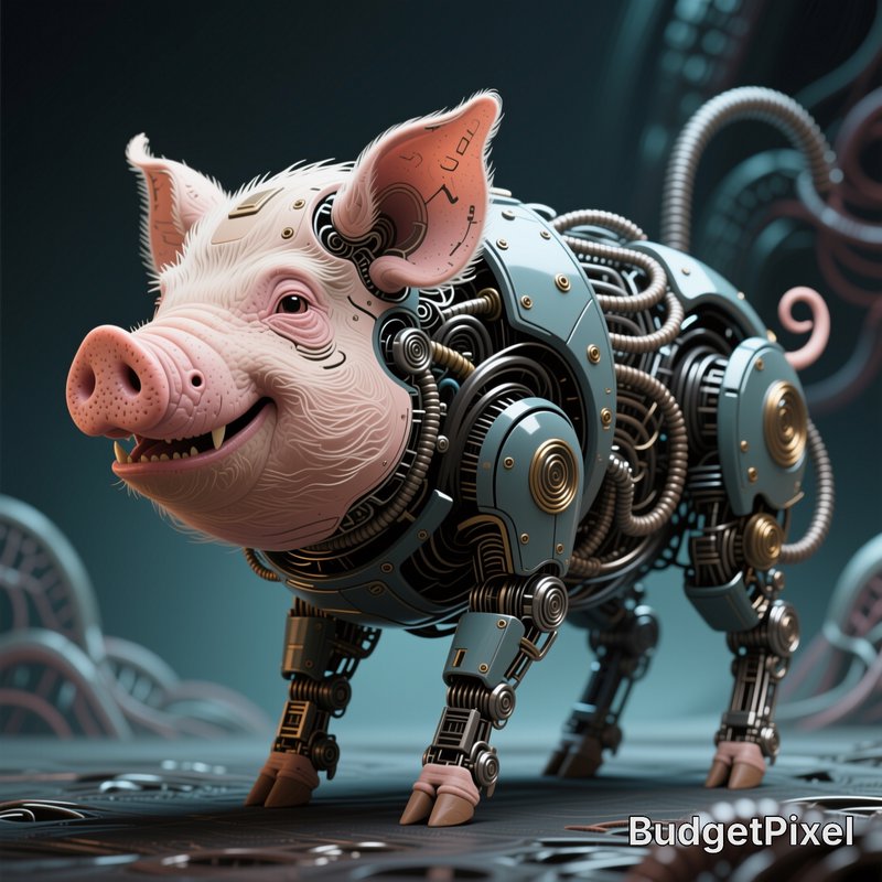 Whimsical steampunk robotic pig with organic pink face and intricate mechanical body smiles again...