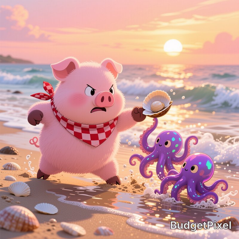 Angry fluffy pink cartoon pig with checkered bandana confronts cute purple octopuses offering a p...