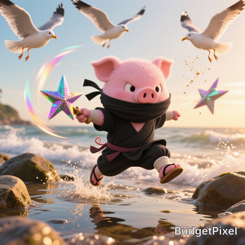 Fluffy pink ninja pig leaps over shallow beach water throwing iridescent shurikens as seagulls fl...