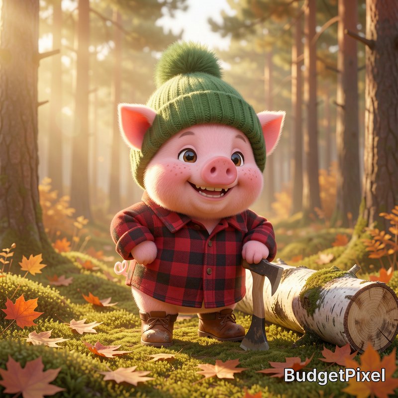 Cute cartoon lumberjack pig in a green knit beanie leans on an axe in a sunlit autumn pine forest.