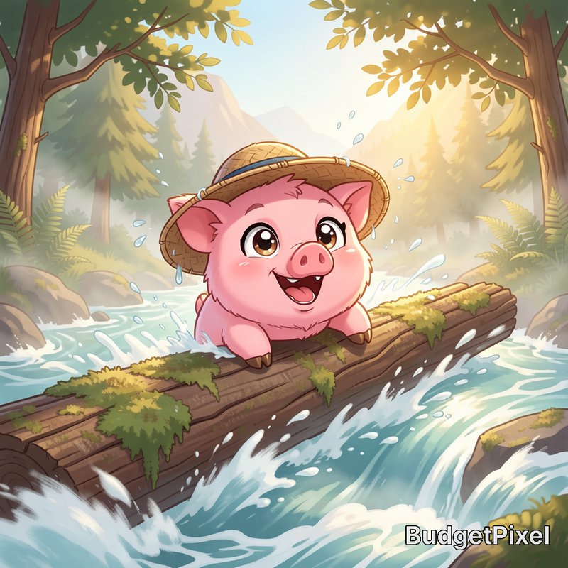 Cute smiling pink cartoon pig in a straw hat riding a mossy log down a sunlit forest river