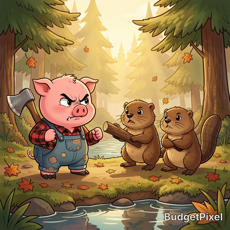 Angry cartoon lumberjack pig confronts two nervous beavers on the bank of a sunlit autumn pine fo...
