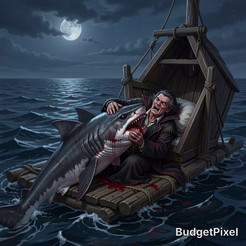 Distressed castaway on a small wooden raft grapples with a biting bloodied great white shark unde...