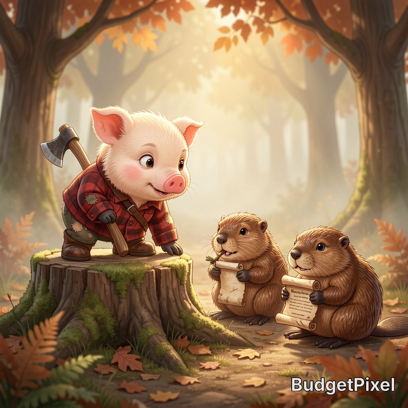 Whimsical cartoon lumberjack pig stands on a mossy stump, talking to two beavers holding scrolls ...