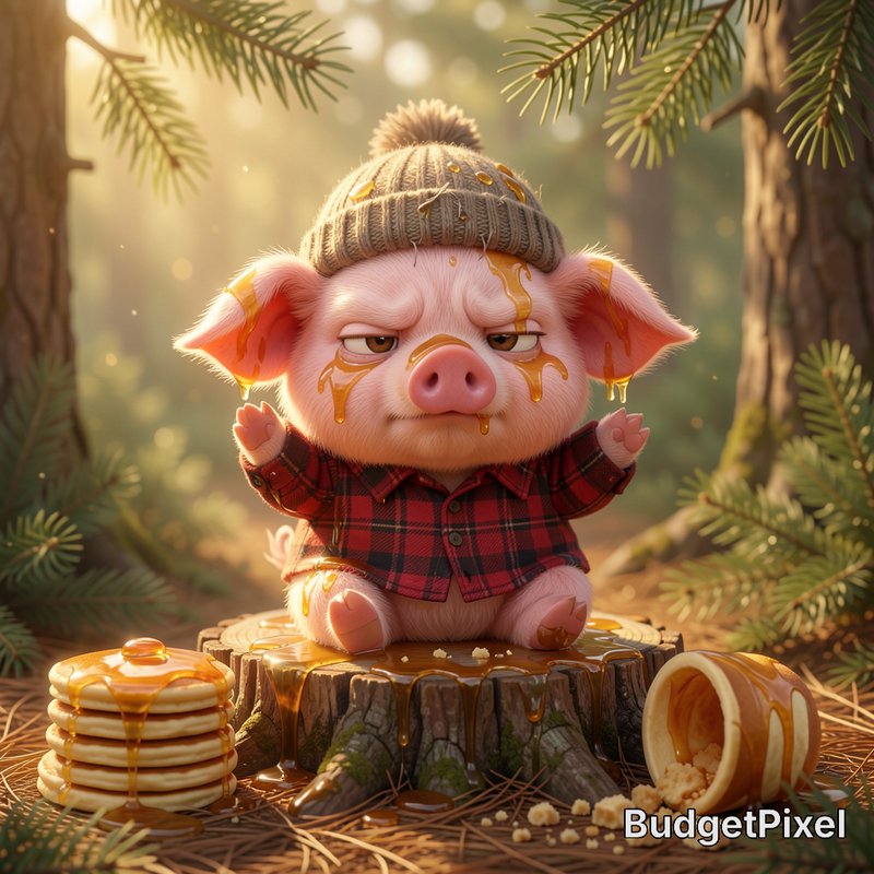 Annoyed cartoon pig covered in maple syrup sits on a tree stump beside pancakes in a sunlit pine ...