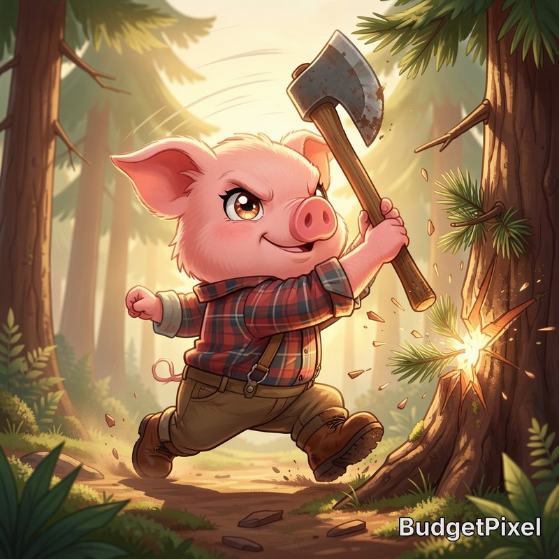 Cute chibi cartoon pig lumberjack swings an axe to chop a pine tree in a sunlit evergreen forest