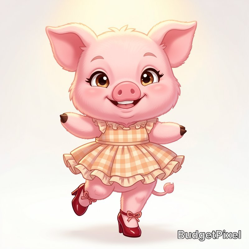 Cheerful chibi pink piglet dancing, wearing a gingham ruffled dress and red high heel shoes, smil...