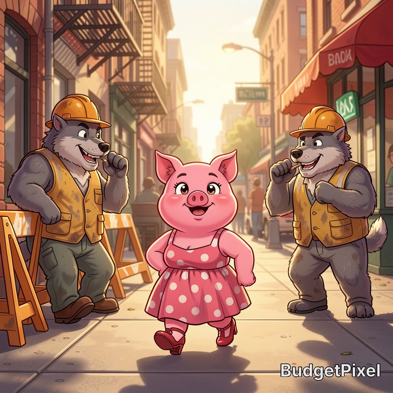 Cartoon cheerful pink pig in polka dot dress walks a city sidewalk between two wolf construction ...