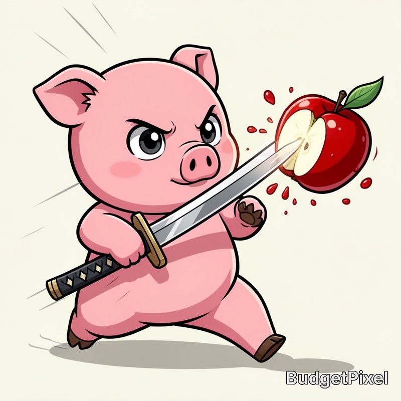 Cute angry chibi pink pig slices a red apple with a samurai katana, bold cartoon illustration
