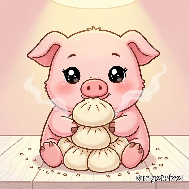 Cute chibi pink cartoon pig holding a stack of steaming fresh soup dumplings under warm overhead ...