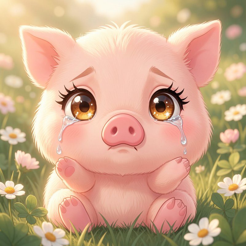 Fluffy pink chibi piglet crying with sparkly big eyes, sitting in a sunlit daisy meadow