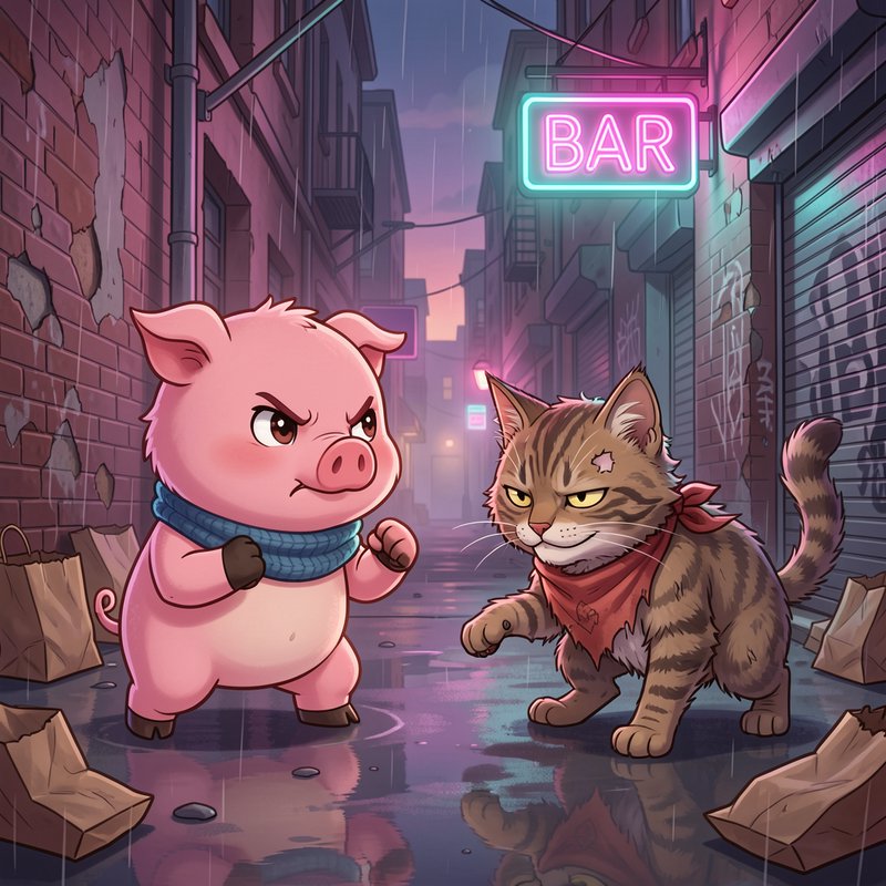 Anthropomorphic tough pink pig and tabby cat face off in a rainy neon urban alley below a glowing...