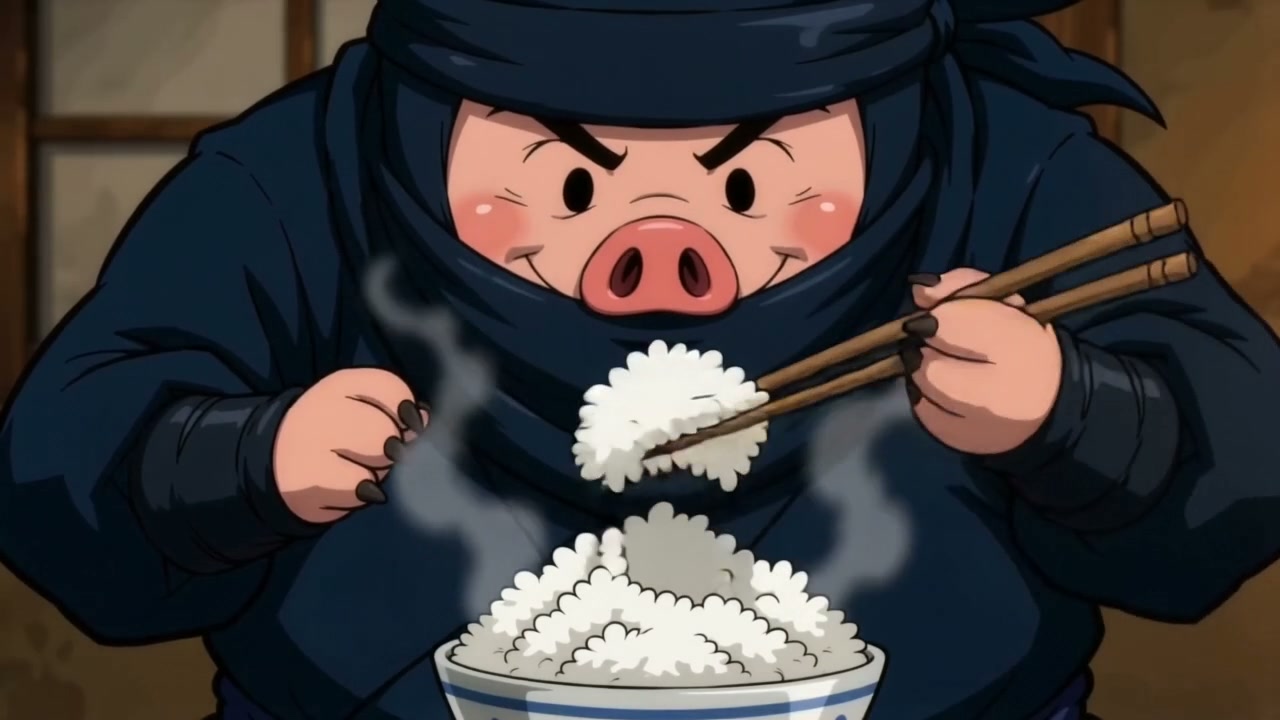Anime anthropomorphic pig ninja in a navy outfit lifts a clump of steaming rice with chopsticks t...