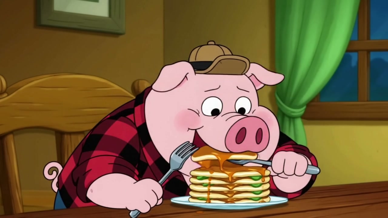 Anthropomorphic cartoon pig in a plaid shirt and backwards cap eats a syrup-drenched stack of pan...