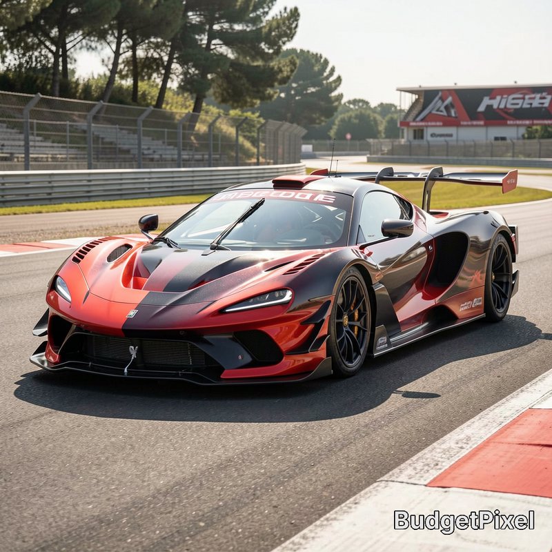 Red and black aerodynamic track hypercar parked on a sunlit paved race circuit