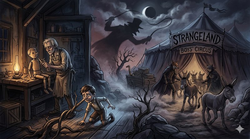 Dark fantasy circus campsite at night with a boy, an old craftsman, a puppet, and the Strangeland...