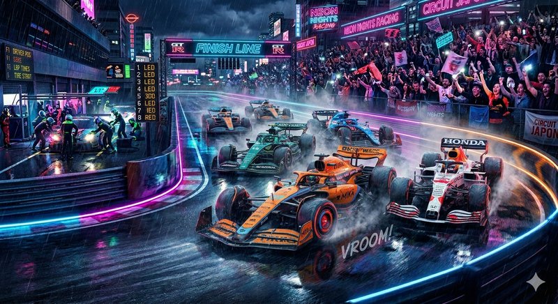 Night-time Formula 1 race on a neon-lit street circuit with a wet, reflective track and cheering ...