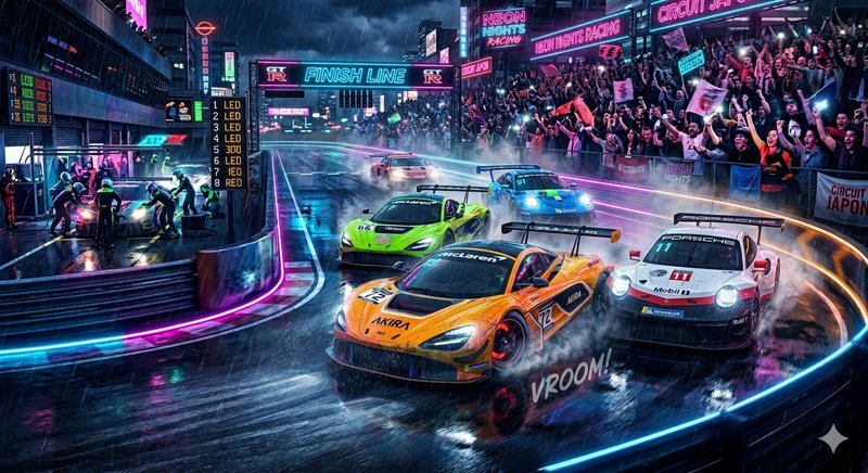 Neon-lit night race at a wet street circuit with multiple race cars crossing the finish line.