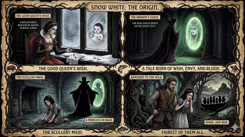 Comic panels illustrating Snow White origin: The Good Queen's Wish, The Mirror's Curse, The Scull...