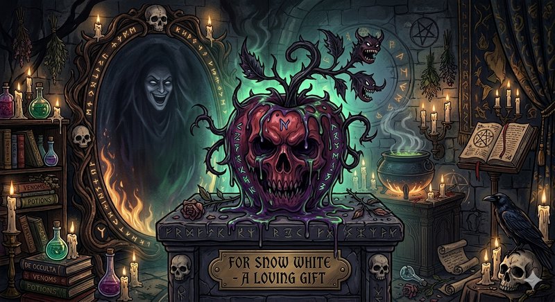 Dark gothic altar with a glowing purple skull entwined by plant-like vines, surrounded by candles...