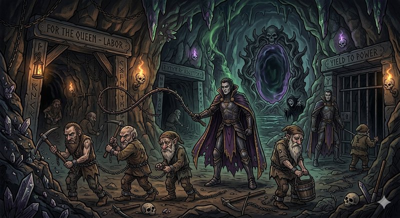 Dark fantasy dungeon scene with a cloaked leader commanding dwarves and miners near a glowing por...