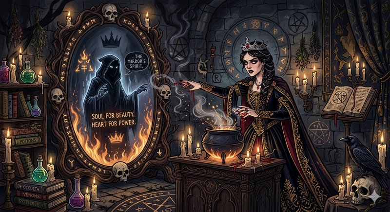 A dark fantasy scene featuring a crowned witch near a glowing cauldron and an ornate mirror of sp...