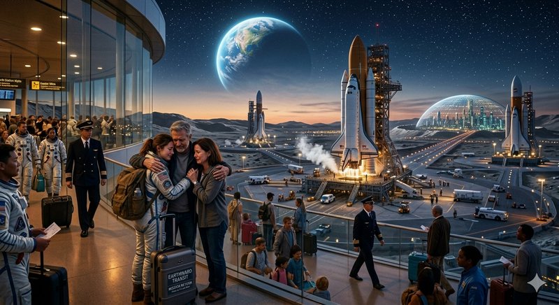 Futuristic spaceport with rockets, domed structures, and Earth visible in the sky at sunset.