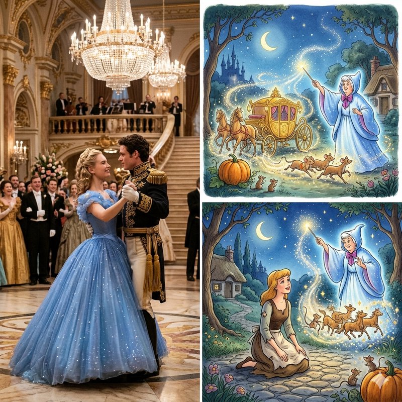 Princess Cinderella-inspired couple dancing in a grand palace ballroom with a crystal chandelier.