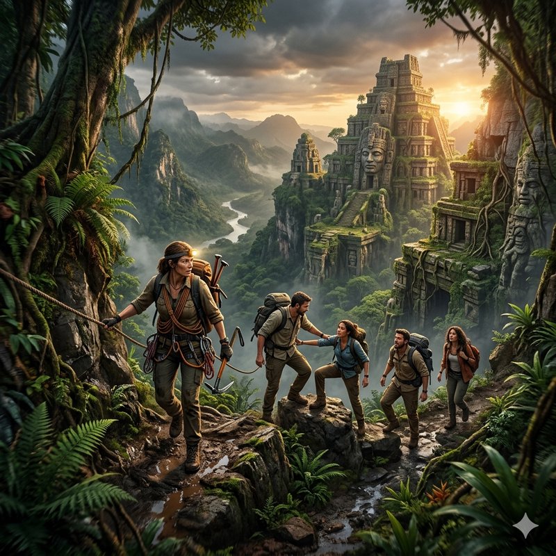 Group of explorers trekking through a lush jungle toward ancient stone temple ruins.
