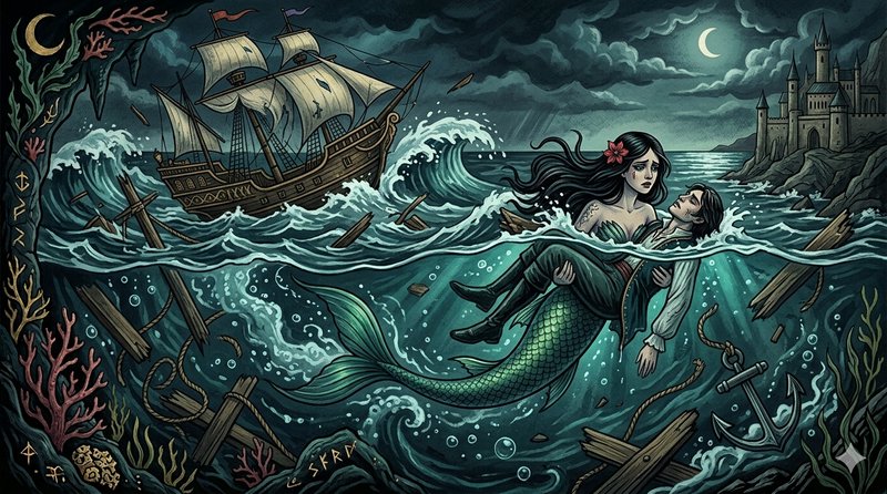 Mermaid with green tail rescuing a man from raging waves near a shipwreck under a moonlit sky.