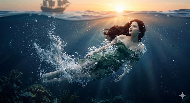 Woman in a green dress swimming underwater near a coral reef with a sunset and ship silhouette ab...