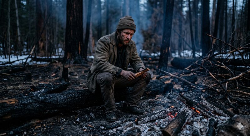 A man sits on a charred log in a burned forest, reading a wooden map beside smoldering embers.