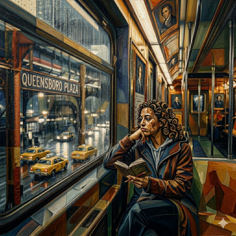 Woman with curly hair reads a book on a subway car, urban street scene with yellow taxis outside ...