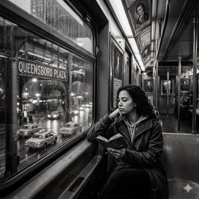 Woman reading a book on a NYC subway car by the window, with Queensboro Plaza sign visible.