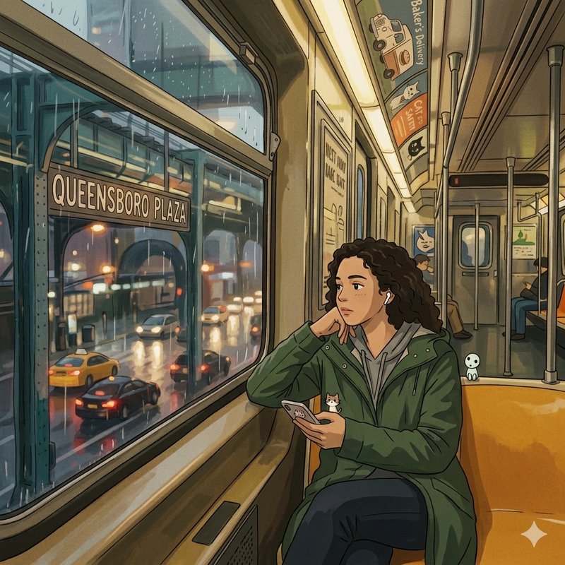 Young woman in a green coat on a rainy NYC subway, looking out the window while using her phone.