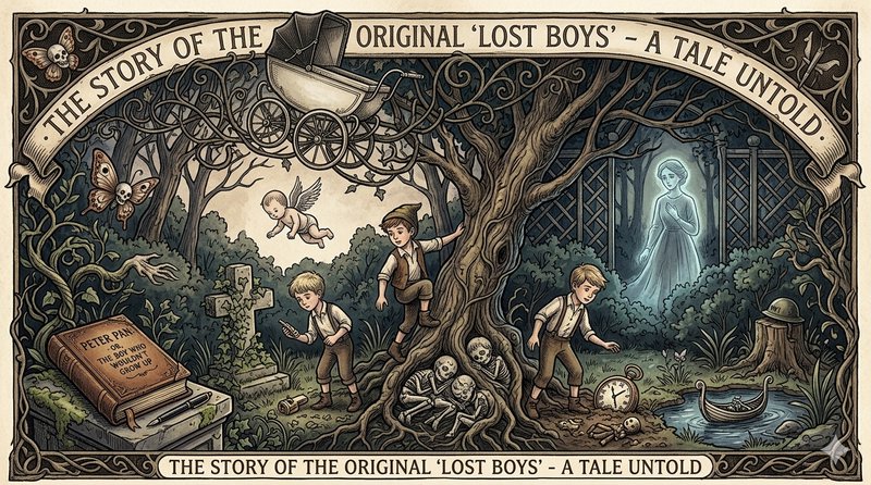 Vintage illustration of boys in a spooky forest with skeletons, a ghost girl, and a boat under an...