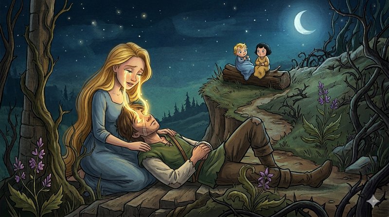Moonlit forest scene of a mother comforting a sleeping father, as two children watch from a log u...