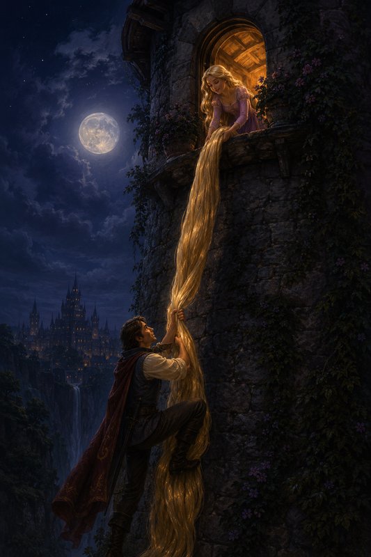 Prince climbs a stone tower at night to reach Rapunzel, her long golden hair flowing down.